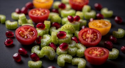 Fresh salad ingredients featuring celery, cherry tomatoes and pomegranate seeds creating culinary flatlay. Fresh salad preparation highlights these healthy vegetables and nutritious seeds,