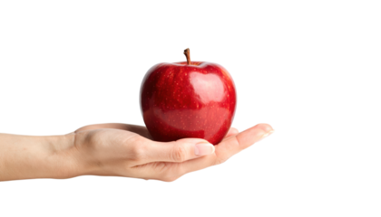 A hand holding fresh, ripe red apple, symbol of health and natural goodness