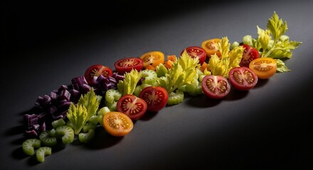 Food photography showcases fresh vegetables, celery and red cherry tomatoes on dark background. Food photography arrangement includes half cut vibrant tomatoes and green celery stalks,