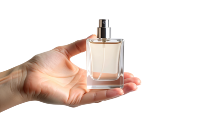 Elegant hand holding a sophisticated perfume bottle, captivating display of fragrance and luxury