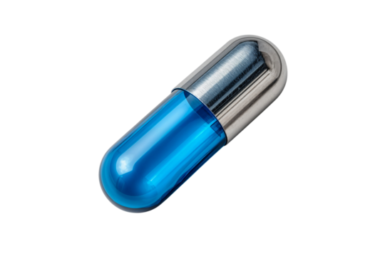 Futuristic blue and silver metallic pill capsule isolated on transparent background. Modern medicine, healthcare innovation, biotechnology