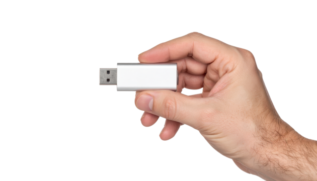 Closeup of hand holding a white usb device, secure data transfer and connection