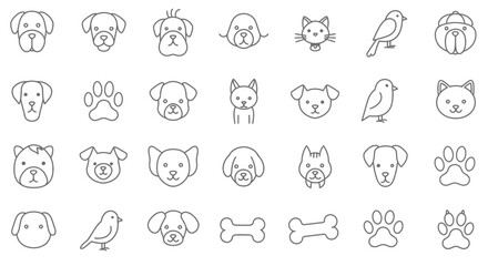 Collection of minimalistic animal icons featuring dogs, cats, birds and dog bone