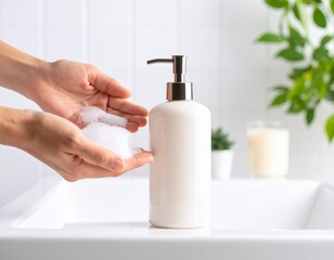 Hands pressing blank white pump bottle, emphasizing cleansing and hygiene.