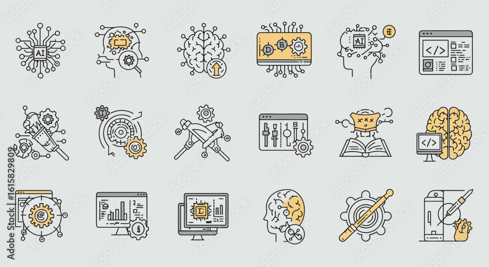 Poster diverse collection of technology and innovation icons representing artificial intelligence