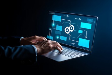 Close up of a person s hands typing on a laptop displaying a digital flowchart with gears and arrows representing technology and automation