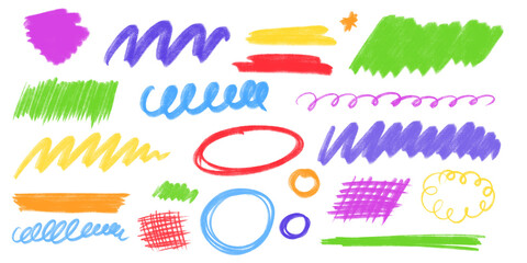 Vibrant colorful hand-drawn scribbles, brush strokes, circles and lines on transparent background. Great for dynamic highlights, social media, or creative design