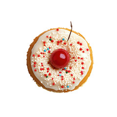 A glazed donut topped with sprinkles and a cherry