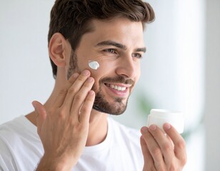 Young man with beard applying facial cream, representing daily grooming.