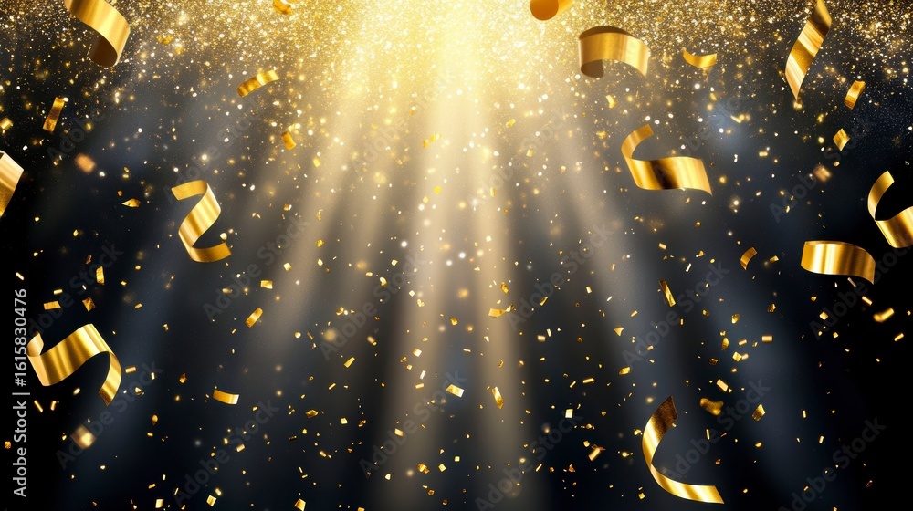 Canvas Prints golden confetti falling on a dark background with bright light rays.