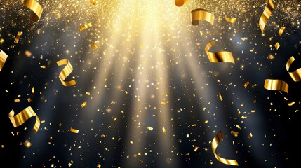 Golden confetti falling on a dark background with bright light rays.