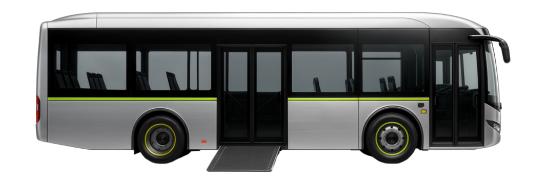 Hybrid city bus with side wheelchair ramp and distinctive green color accents