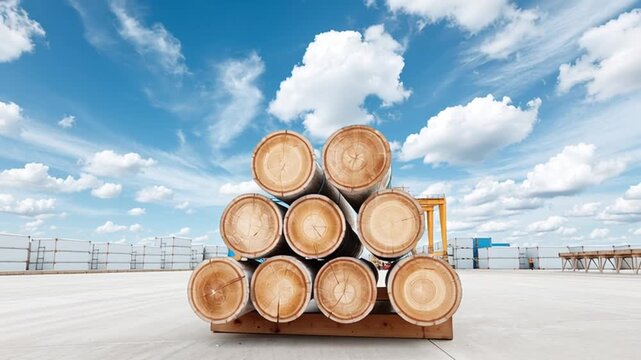 Pile of wooden logs against a cloudy sky