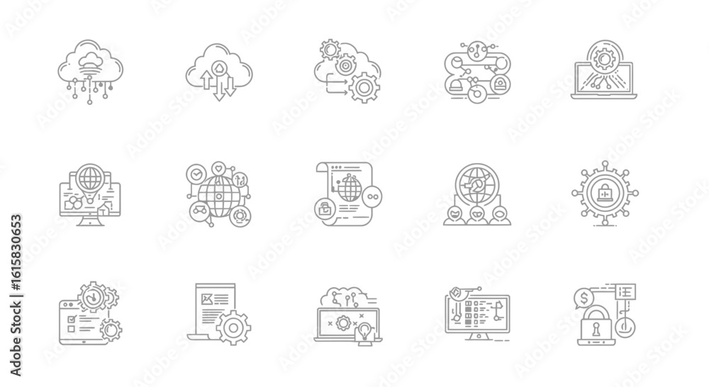 Poster set of linear icons representing cloud technology, database development and global network