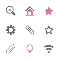 Collection of nine simple flat icons in grey and pink on a white background graphic symbol