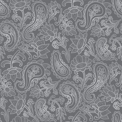 Paisley floral pattern, abstraction, swirl flowers, white and grey colors. Seamless floral pattern-810.