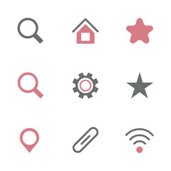 Collection of nine simple flat icons in grey and pink on a white background graphic