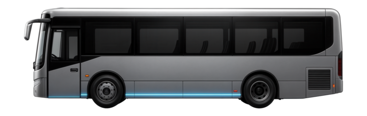 Single-deck bus with rear engine compartment and large side mirrors