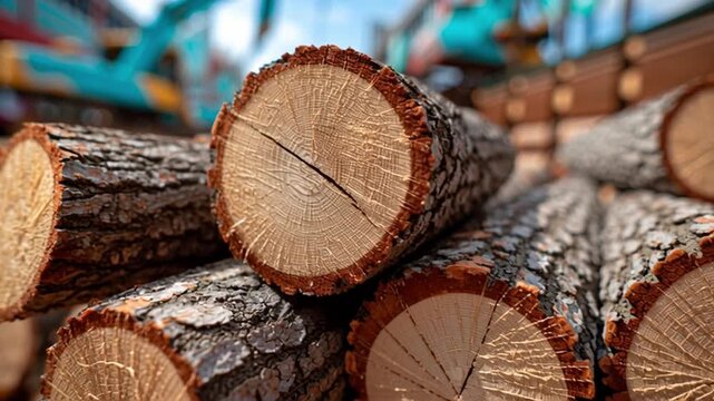 Close-up view of cut tree logs showing details of the rings and texture, representing the natural materials and their patterns