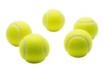 Five yellow tennis balls isolated on transparent background
