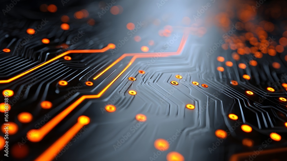 Poster close-up view of illuminated circuit board pathways.