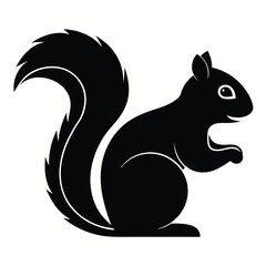 Black silhouette of a squirrel with a fluffy tail and white eye icon vector