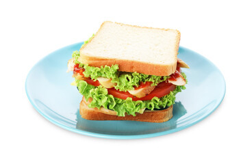 Yummy sandwich with ham, chicken meat and vegetables isolated on white