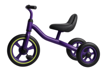 Purple tricycle with a padded seat and non-slip pedals