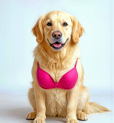 A golden retriever is sitting and wearing a bright pink bra, looking directly at the camera with a cheerful expression 
