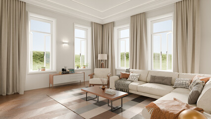 A modern living room with a beige sectional sofa, wooden coffee table, geometric rug, and natural light streaming through large windows, creating a warm, minimalist contemporary space