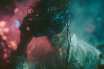 Fototapeta premium Young man explores virtual reality in colorful smoke-filled environment during nighttime event for immersive technology lovers
