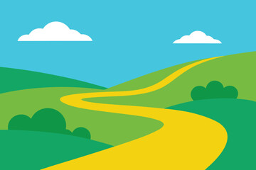 Obraz premium A winding yellow road curves through rolling green hills under a clear blue sky with fluffy white clouds