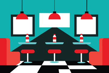 Retro diner booth seating with red stools and checkered floor under pendant lights