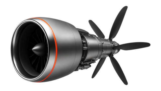 High-bypass turboprop engine with a large, curved intake and sleek composite blades