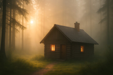 Warm Wooden Cabin in Misty Forest Surrounded by Trees During Peaceful Morning Dawn