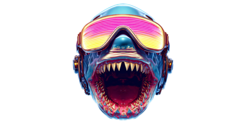 Cyberpunk shark with glowing visor and sharp teeth on black background Concept of futuristic sea creature, technology, and digital art