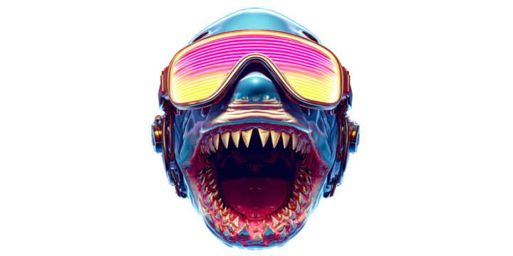 Cyberpunk shark with glowing visor and sharp teeth on black background Concept of futuristic sea creature, technology, and digital art