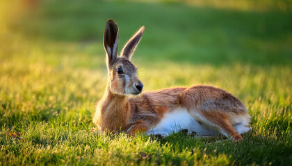 Fototapeta premium a jackalope lies peacefully on green grass offering a tranquil and surreal visual