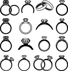 Assortment of diamond engagement rings isolated on white background