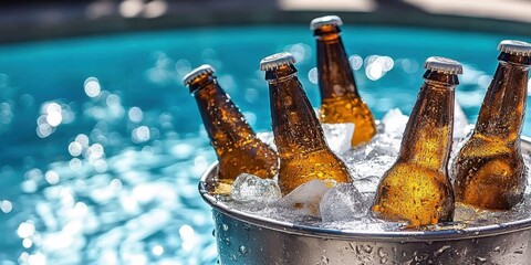 Wet beer bottles in a metal bucket with ice in a pool of water on a summer day.