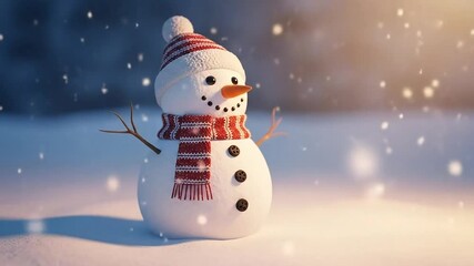 A friendly snowman wearing a cozy hat and scarf brightens a tranquil winter scene under falling snow. - Powered by Adobe