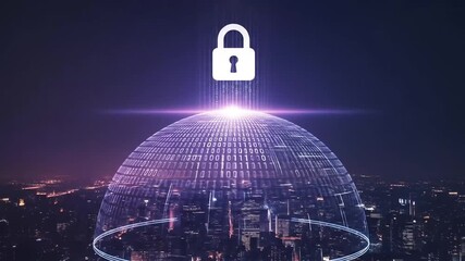 A futuristic city skyline is safeguarded by a glowing digital dome and a prominent security padlock symbol. - Powered by Adobe