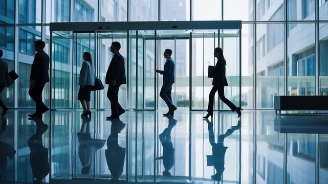 Diverse professionals stride purposefully through a modern glass-walled lobby, reflecting ambition and success.