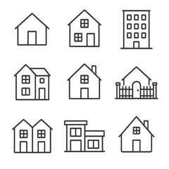 Residential Line Icons. Line style icons of residential real estate: house icon, two-story home, apartment building, townhouse,