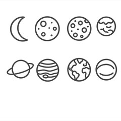 Fototapeta premium Line Style Planets Icons. Line style icons of moon and planets: crescent moon, full moon, lunar surface icon, Mars with polar cap,