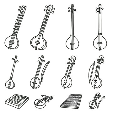 Indian String Instruments. Line style icons of Indian string instruments: sitar, veena, sarod, tanpura, esraj, santoor, rabab,