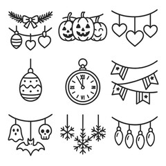 Holiday Decor Icons. Line style icons of holiday party decor: Christmas garland, Halloween pumpkins, Valentine’s hearts, New Year