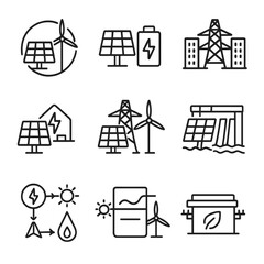 Renewable Energy Icons. Line style icons of combined renewable systems: hybrid solar-wind symbol, solar plus battery icon,