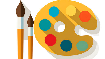 A Yellow and Orange Paint Palette with Colorful Paint Spots and Two Brown Paint Brushes on a Transparent Background