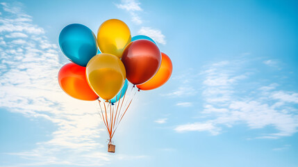 Colorful balloons floating in a blue sky
